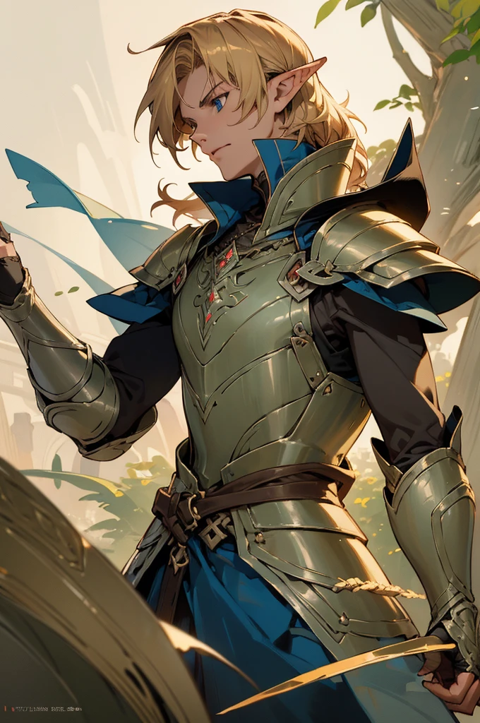 masterpiece, best quality, ultra high resolution, 1man, elven armor, male, fantasy illustration, elf, pointy ears, (old man), art by Kinema Citrus, (dark blonde hair), blue eyes, wrinkles, brownish blonde hair