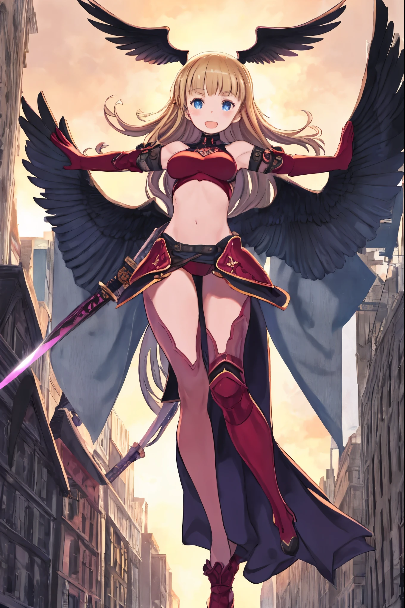 fantasy, 1girl, low_, blond_hair,long_bangs, bare_shoulder, navel out, thighhighs,black_armor, red_clothes,waist_armor, Glebe, hold_sword, medium_breasts, dynamic_flying_pose,Floating, (1pair_black_wings:1.2),(pelvic_curtain:1.3), Headgear ,looking_down_city,sunset_city_sky_background,,slightly_spread_legs,some_swords_floating_around_the_girl,solo,light_smile,open_mouth,open_legs,open_arms,rise_knee,rise_leg,rise_thigh,rise_leg,forward_leaning_posture,apart_legs,