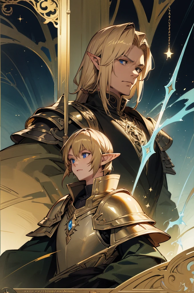 masterpiece, best quality, ultra high resolution, 1man, elven armor, male, fantasy illustration, elf, pointy ears, (old man), art by Kinema Citrus, (dark blonde hair), blue eyes, wrinkles, brownish blonde hair