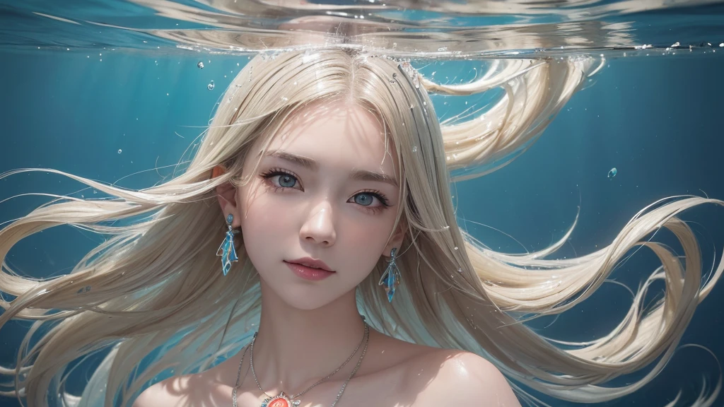 （Highest Quality Realistic Textured Skin),(terrible),(OK, round, Symmetrical eyes),Delicate facial features,(Burning bright cold eyes),(She has a mischievous smile),(Her face is kind and beautiful),Glass earrings in the ears,,(blonde),(Silvery white hair),(Chestnut Hair),(Swim at the bottom of the ocean)，(Full body portrait:1.5),(Dramatic Photos:1.4),(Dramatic Pose),(Flashy photos)(look up),(Looking down),(Around her neck is a simple necklace made with exquisite craftsmanship.),Cluttered photos，(Hair flowing in water:1.5),(Underwater, Life at sea, 美しいCoral Reef, fish),(Background vortices and currents),(Dramatic Light),(Nice views),(美しいfishに囲まれて),遠くの背景にはCoral Reefに沈んだ寺院が見える,Coral Reef,Spectacular realism,Cinematic atmosphere,(High-density image review:1.5),(Soft colors:1.2),Very detailed,Dramatic Light,(Intricate details:1.1),Complex background,