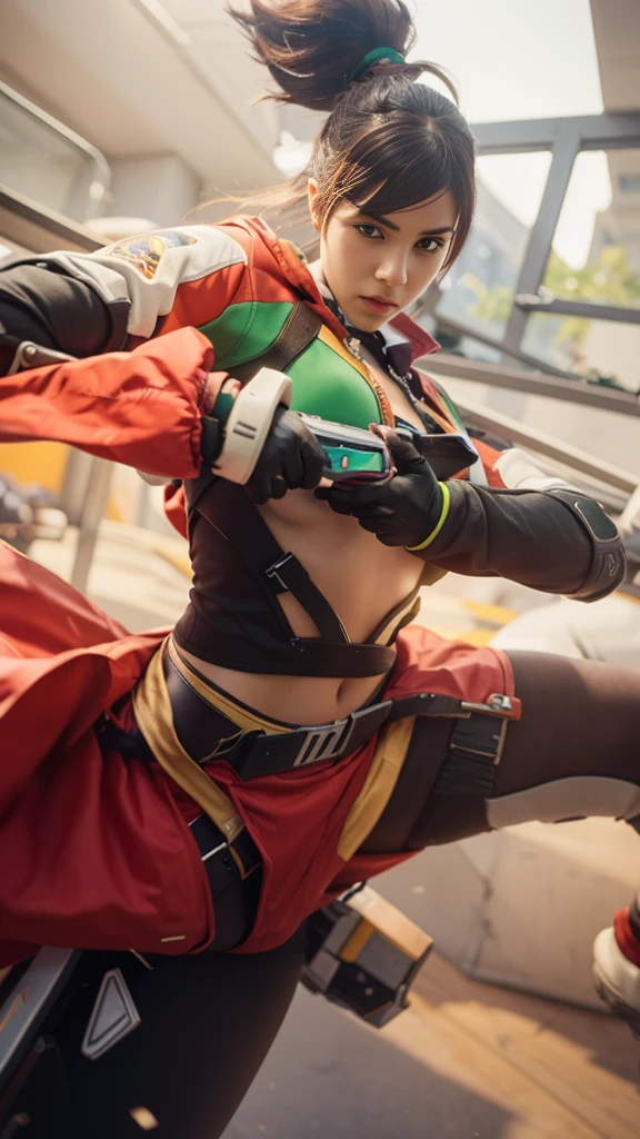 The image features a character from the video game Overwatch, a young woman with a green and white suit, wielding a gun.