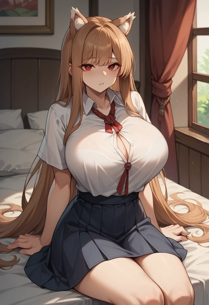 ((masterpiece)), (Highest quality), (detailed), (1 Girl), White collared shirt,Red eyes,Light brown hair、Long Hair、Wolf Ears、skirt,bed、Huge breasts、