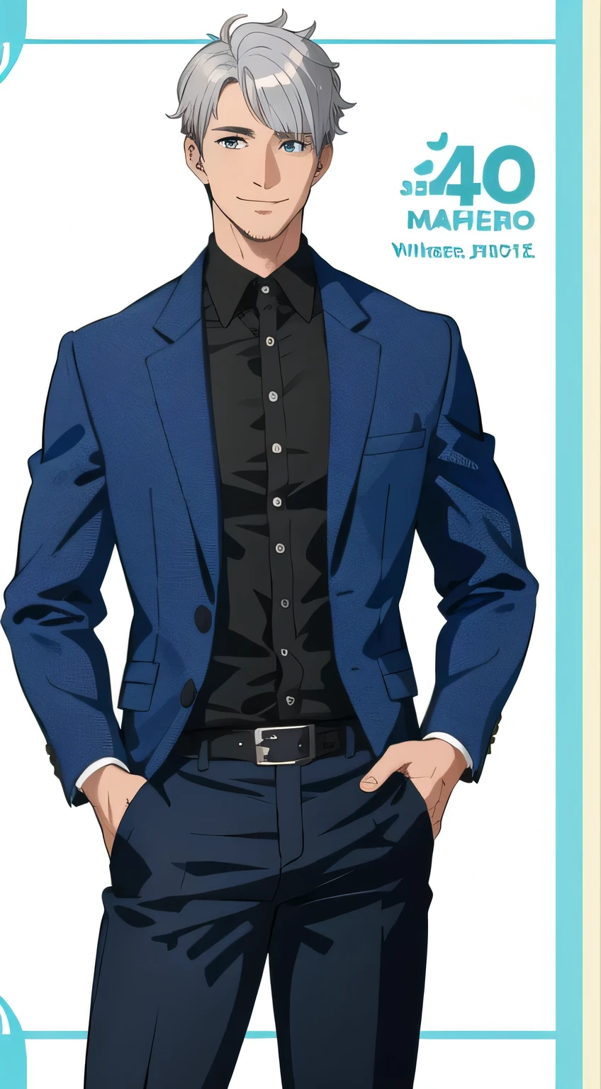 (Highest quality, masterpiece,,whole body), 1 male, 40 years old, wonderful, a handsome guy, A kind smile, Silver Hair,Insecure,Character portrait,