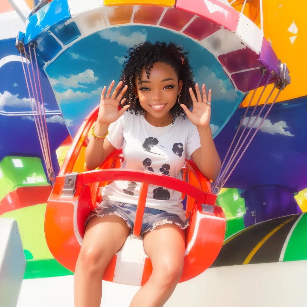 Disney style movie cover, a black smiling with brown eyes, dark skin and curly hair styled in a colorful ferris wheel
