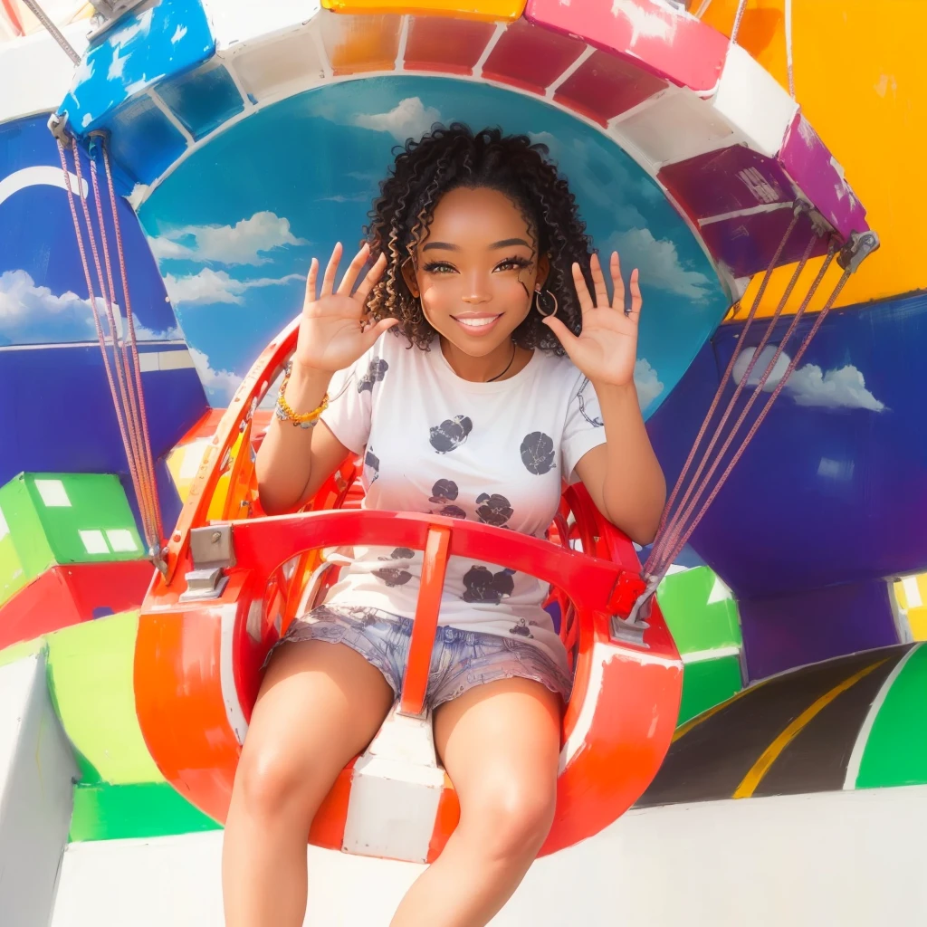 black , smiling, curly hair, sitting on a colorful ferris wheel