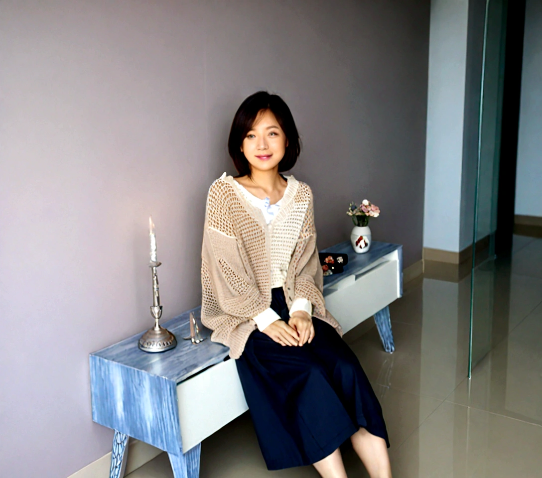Beautiful Korean Woman , 32 inch chest size, Your eyes are big and pretty. Wearing a high-end luxury brand cardigan, casual beige pants, short medium hair, Smile, uhd