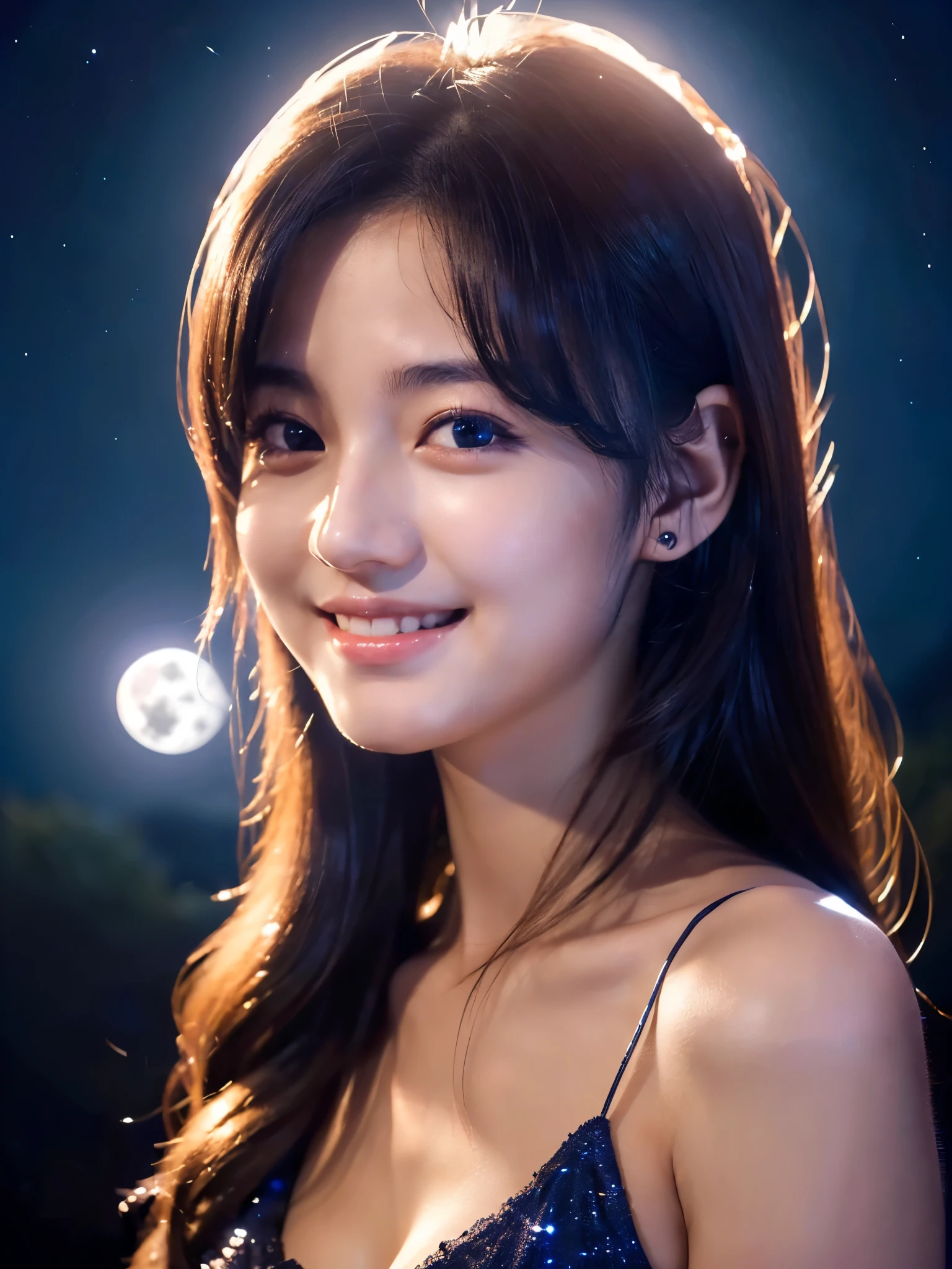 (((A very beautiful full moon night sky)))、((An 18-year-old girl with a very cute face like an idol))、Smiling Kindly、Cleavage、(Cinema lighting)、Artistry、(Facial and body depictions that are indistinguishable from real life)、masterpiece