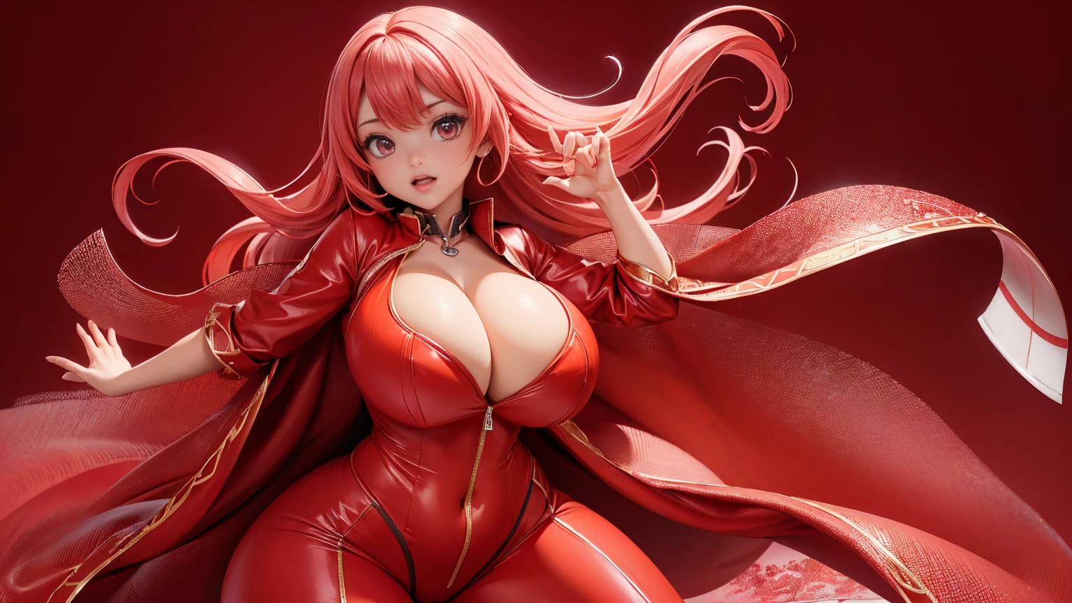 (full_body)、Woman、red_background、(big_breasts:1.5)、Detailed、POP、vivid、pose:1.2、Open chest、idol