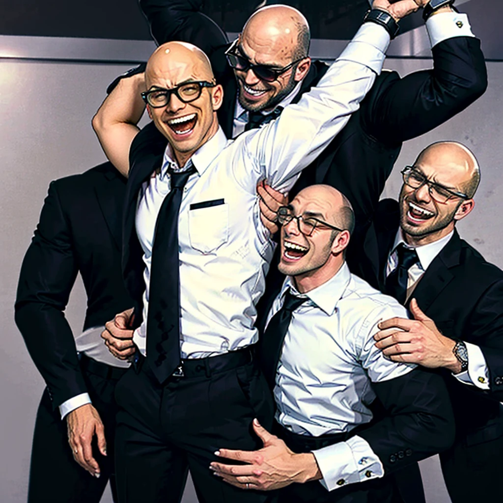 handsome muscular blonde man wearing glasses and a white shirt and brown tie,  laughing, brushing,hands above head in handcuffs,tickled armpits by  two muscular bald men wearing black suits standing behind him and looking at him with seriousness, office background, 