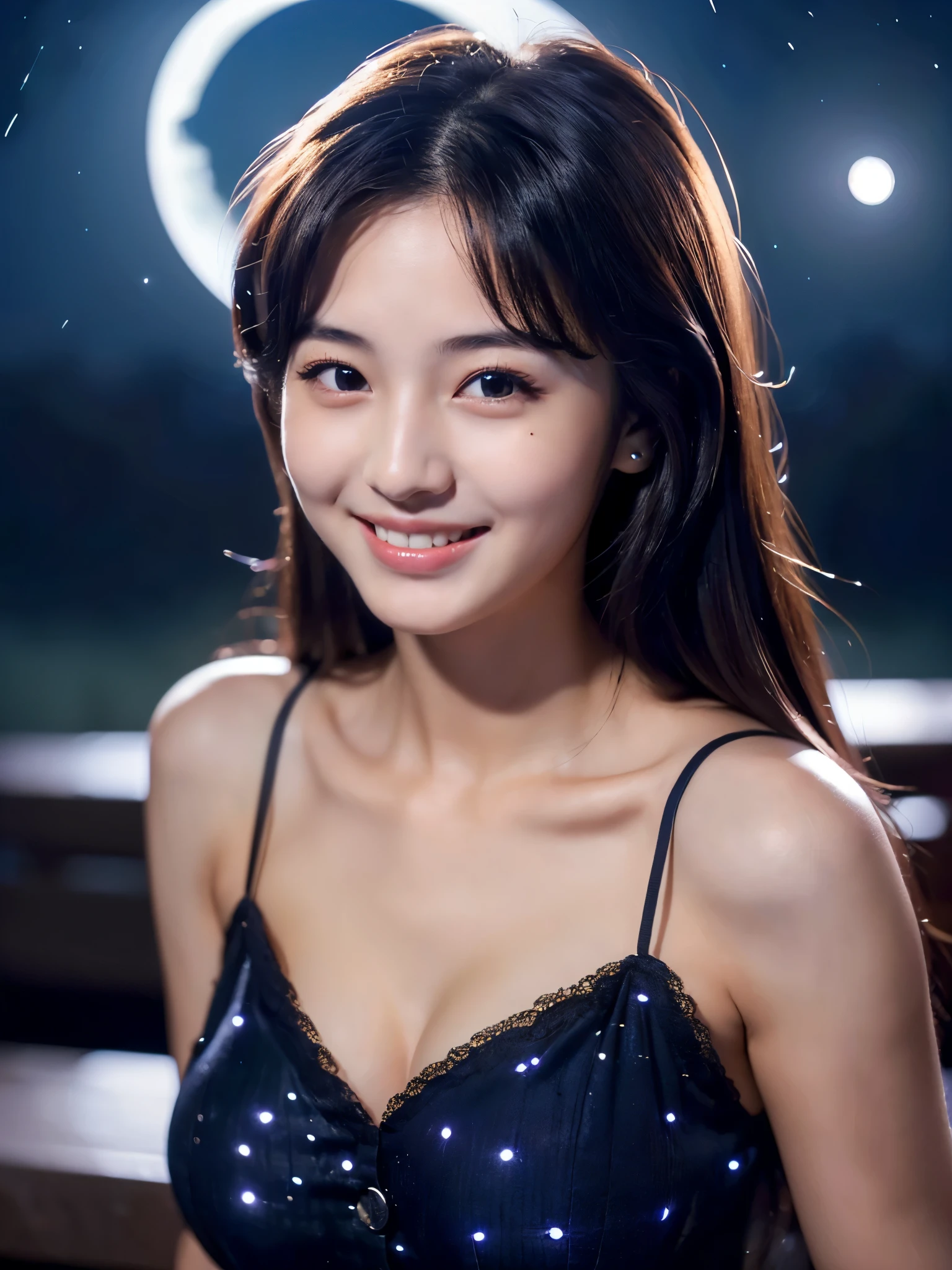 (((A very beautiful full moon night sky)))、((An 18-year-old girl with a very cute face like an idol))、Smiling Kindly、Cleavage、(Cinema lighting)、Artistry、(Facial and body depictions that are indistinguishable from real life)、masterpiece