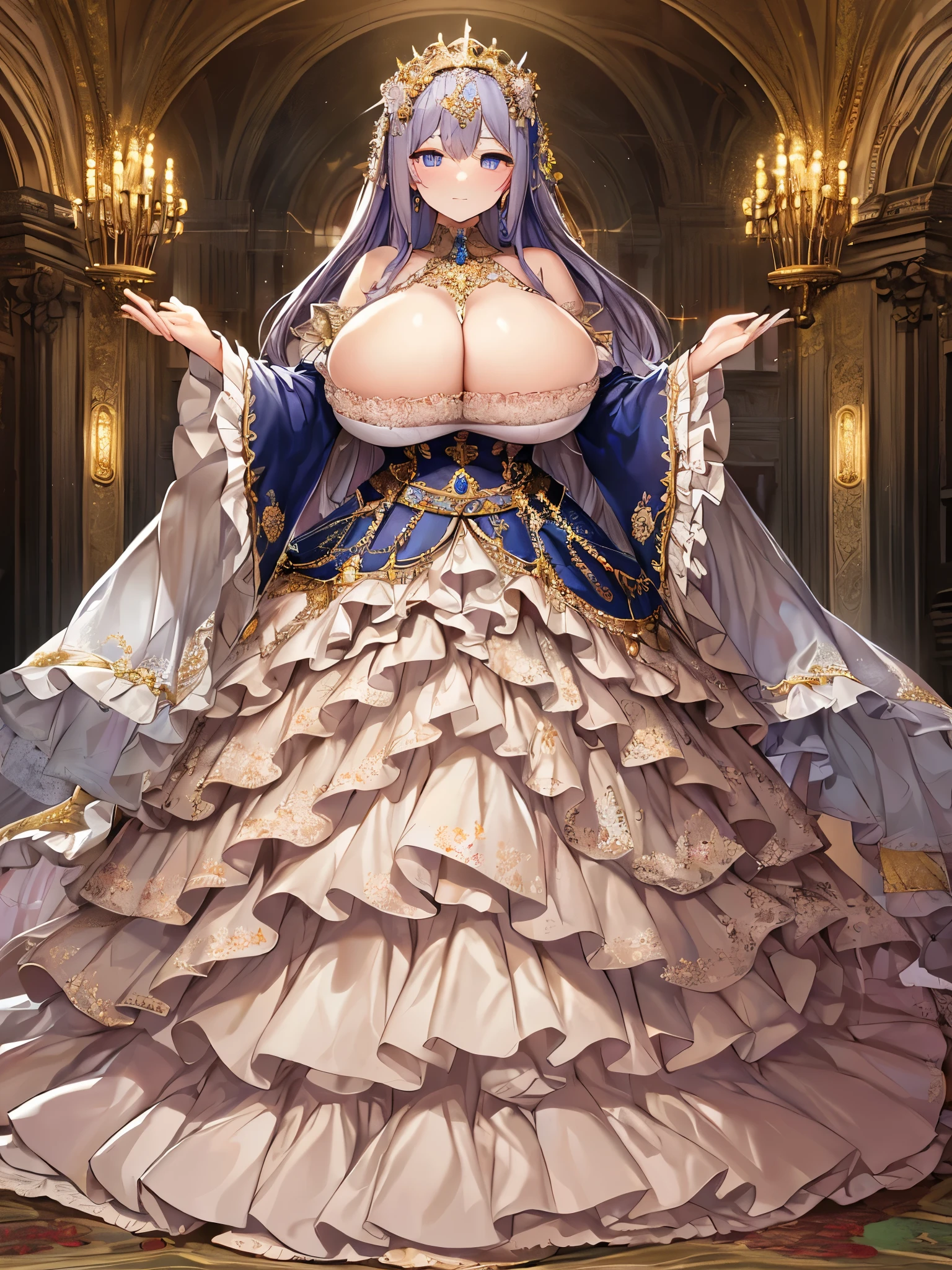 moe anime artstyle,Masterpiece,Best Quality,Super Detail,Very Delicate and Beautiful,Solo,full body,((full body portrait)),absurdly gigantic tits,(((1 bling-bling princess in beautiful embroidery and jeweled gorgeous rococo ballgown with voluminous full length crinoline hoop skirt))),(((((absurdly gigantic tits,curvy))))),deep cleavage,Skindentation,((detailed face and eyes)),jewel-like eyes,((crinoline,long train,beautiful embroidery and jeweled lace-trimmed crinoline rococo ballgown with voluminous full length crinoline hoop skirt)),super detailed voluminous gorgeous jeweled rococo ballgown with voluminous full length crinoline hoop skirt,((bling-bling voluminous gorgeous jeweled rococo princess ballgown with voluminous full length crinoline hoop skirt)),((absurdly long Straight hair)),extremely gorgeous hair ornament,((extremely gorgeous big tiara)),luxurious jewelry,((beautiful embroidery and jeweled gorgeous rococo ballgown with voluminous full length crinoline hoop skirt)),(((absurdly gigantic tits))),standing pose,((palace garden)),Looking at viewer,full body