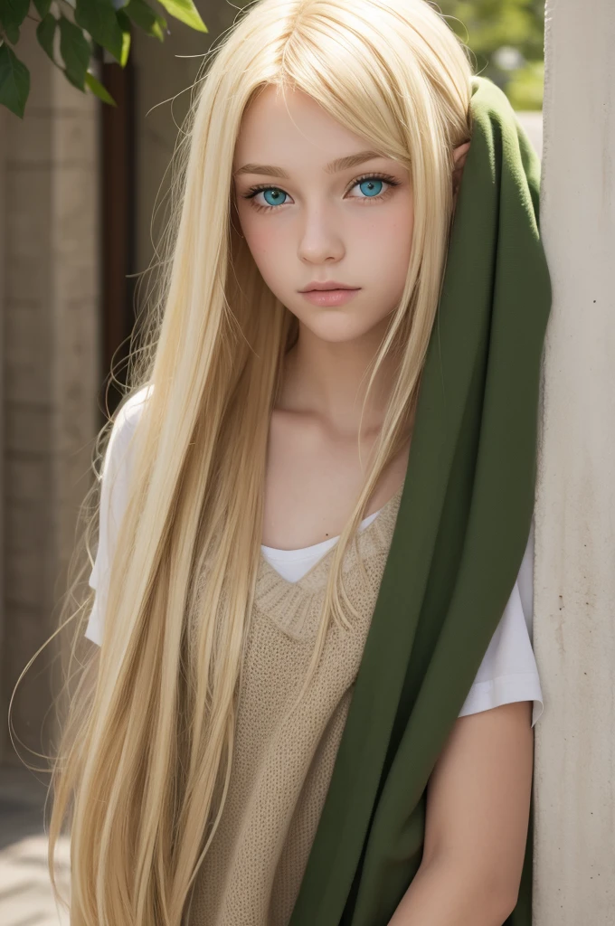 A blond teen with blonde hair and green eyes