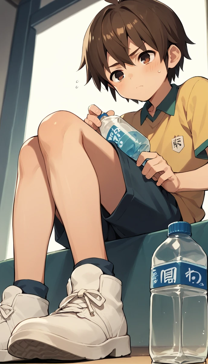 anime, One boy, Handa Shinichi, Brown Hair, Brown eyes, Pause,Composition looking up from below、Sitting with legs crossed、Sit down、A plastic bottle next to it、Tired face、