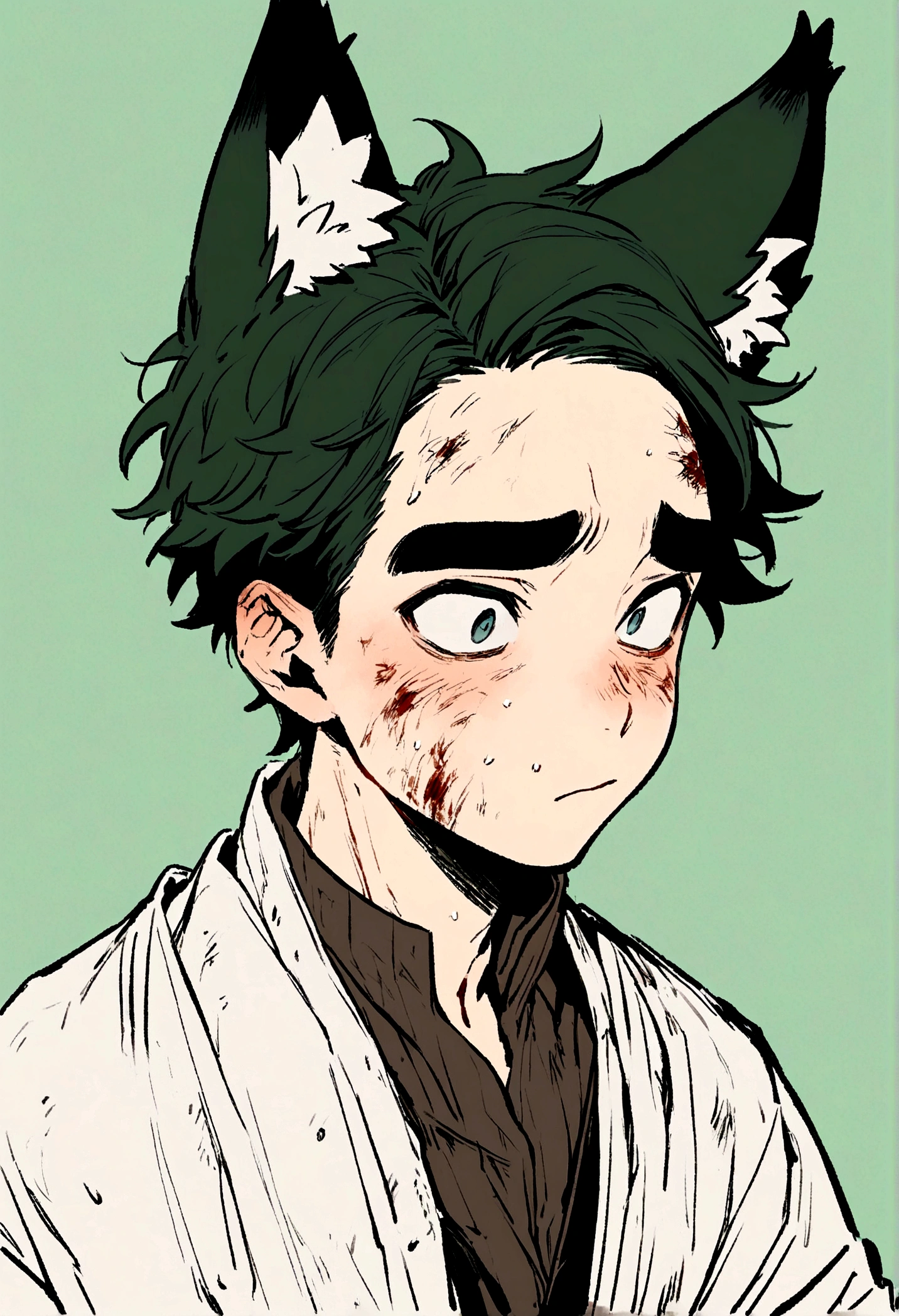 Man, thick eyebrows, handsome, short hair, fox ears, injured, cute