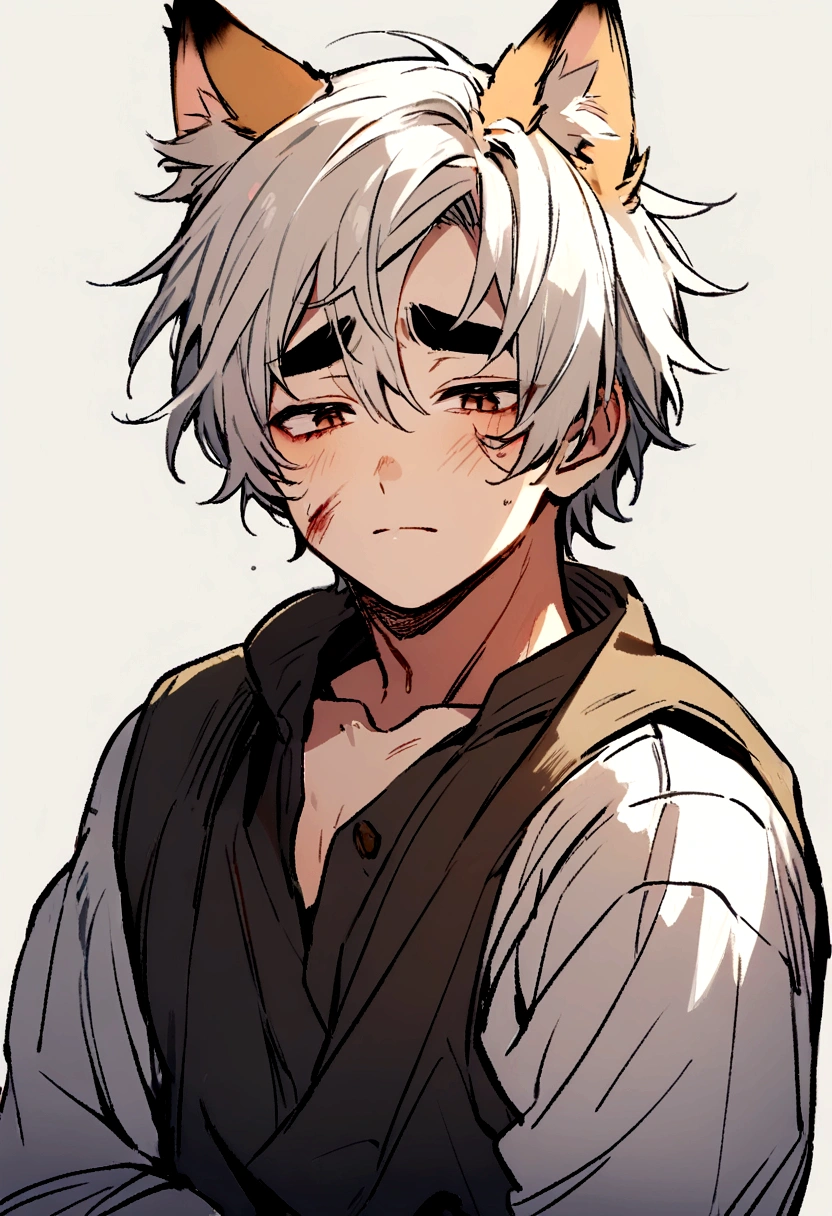 Man, thick eyebrows, handsome, short hair, fox ears, injured, cute