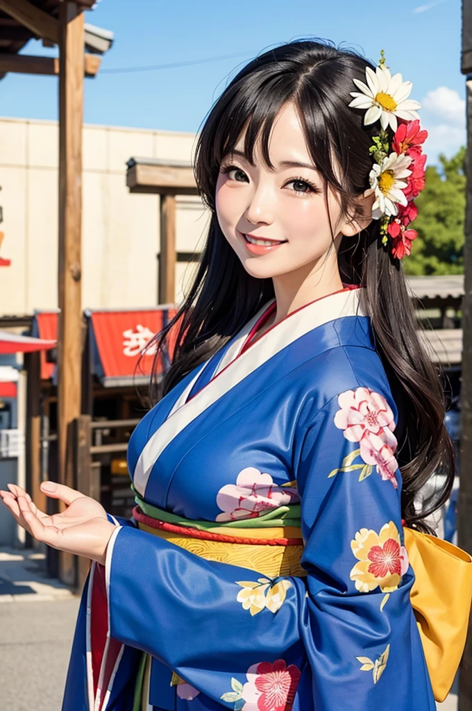 A beautiful smiling woman in a kimono greets people with a cheerful "Good morning" as her arms open under the blue sky