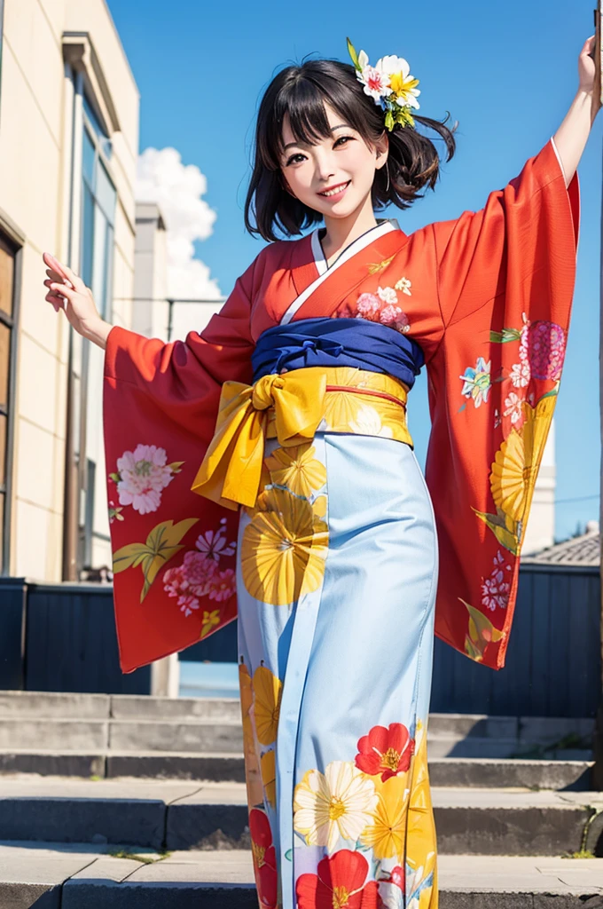 A beautiful smiling woman in a kimono greets people with a cheerful "Good morning" as her arms open under the blue sky