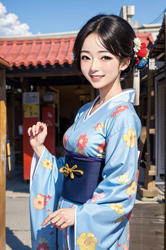 A beautiful smiling woman in a kimono greets people with a cheerful "Good morning" as her arms open under the blue sky