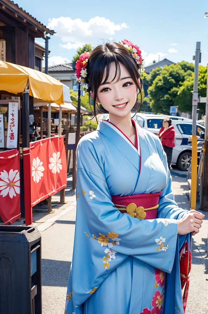 A beautiful smiling woman in a kimono greets people with a cheerful "Good morning" as her arms open under the blue sky