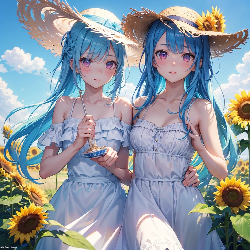 Sky blue hair, One braided ponytail,(Pink Eyes),Fair skin ,(whole body),(One girl),summer,Sunflower field,White dress,Straight bangs,Wiping away sweat,Wink,Straw hat,(masterpiece, Highest quality, Very detailed, Best Shadow), (Detailed Background), (Beautifully detailed face), High Contrast, (Best lighting, Very delicate and beautiful), ((Cinematic Light)), colorful, Hyper Detail, Dramatic Light, Intricate details,summerの暑い日差し,