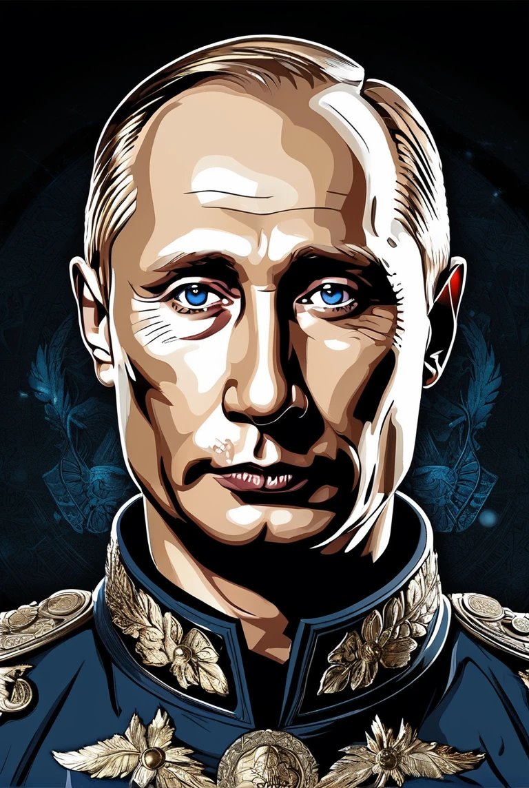 Valdimir Putin with clean background, in the style of magali villeneuve, luminescent color scheme, Dan mumford, captivating gaze, highly detailed figures, optical . Positive, zen, insightful, official, professional, confident, highly detailed