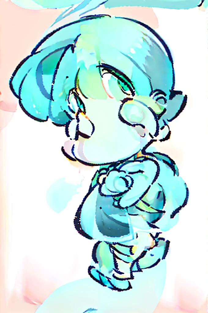 Turquoise green, a boy of eighteen years old, with the same hands and feet, all over, with a simple background,
