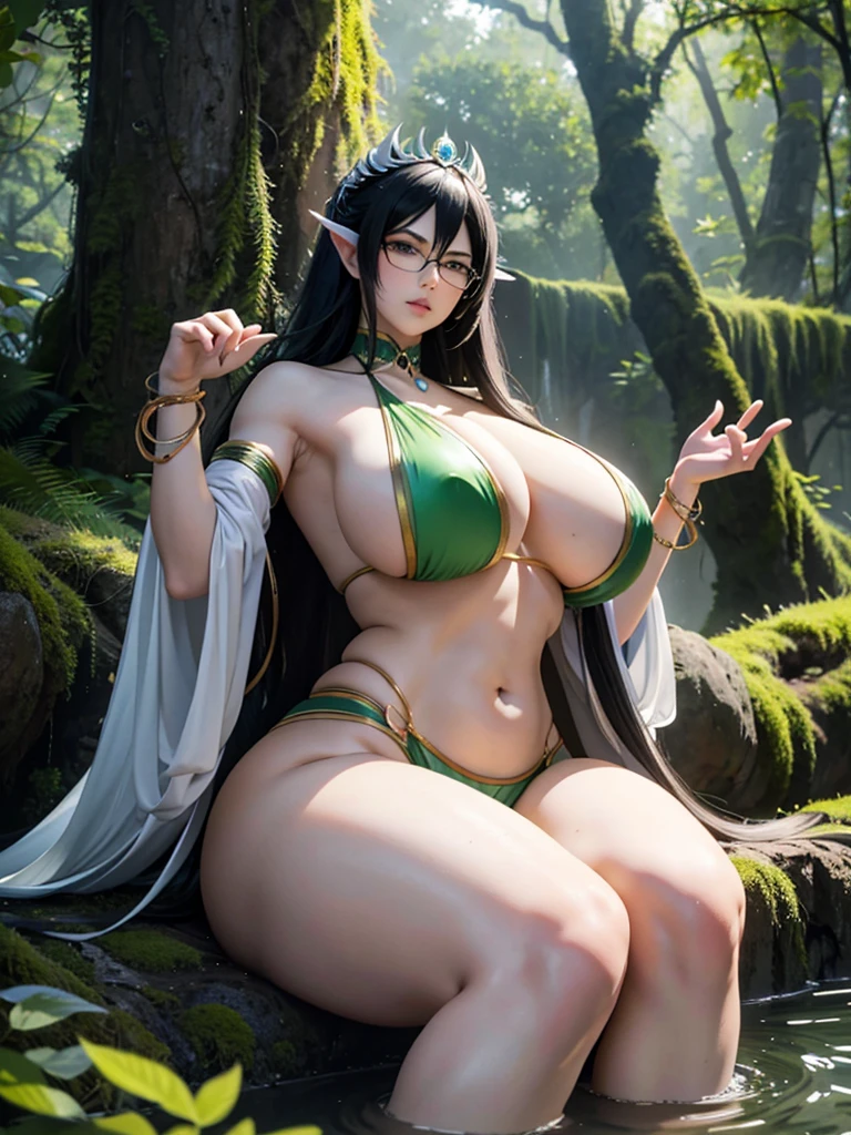 goddess bayonetta, fluttering hair, long wavy hair, long curl hair, huge tit, thick thighs, abdominal muscle, blush, upper body from below, sitting in water forest, moss, fern