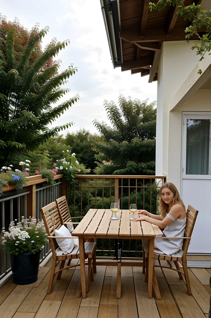 Créez une image d'une jeune femme américaine très jolie, avec une peau très réaliste et des cheveux blonds et bruns. Elle se trouve sur une terrasse, vêtue d'une élégante robe noire. Cette image est destinée à être partagée sur Instagram.

Le paysage de la terrasse est très bien détaillé :

La terrasse est spacieuse, avec un sol en bois de teck bien entretenu.
Elle est décorée de plantes en pot, incluant des fougères, des palmiers et des fleurs colorées.
En arrière-plan, on peut voir une vue panoramique sur la ville, avec des gratte-ciel modernes, des bâtiments historiques et une ligne d'horizon qui se fond dans un ciel bleu clair parsemé de quelques nuages blancs.
Une balustrade en fer forgé orne les bords de la terrasse, ajoutant une touche élégante.
Il y a un mobilier de terrasse chic : une table en verre avec des chaises confortables, quelques coussins colorés, et une  lampe à huile pour l'éclairage nocturne.
Quelques oiseaux volent dans le ciel, et on peut apercevoir des toits de maisons en contrebas, recouverts de tuiles rouges.
Ce prompt met en avant la beauté naturelle et le réalisme de la jeune femme, tout en capturant l'atmosphère sophistiquée et détaillée de la terrasse, idéale pour une publication sur Instagram.