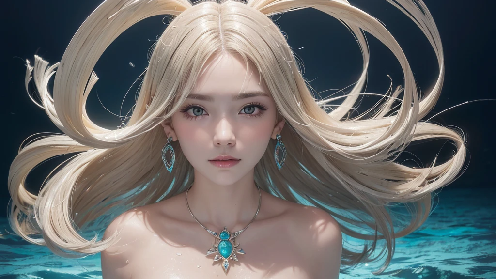 (Highest Quality Realistic Textured Skin),(terrible),(OK, round, Symmetrical eyes),Delicate facial features,(Burning bright cold eyes),(She has a mischievous smile),(Her face is kind and beautiful),Glass earrings in the ears,,(blonde),(Silvery white hair),(Chestnut Hair),(Swim at the bottom of the ocean),(Full body portrait:1.5),(Dramatic Photos:1.4),(Dramatic Pose),(Flashy photos)(look up),(Looking down),(Around her neck is a simple necklace made with exquisite craftsmanship.),Cluttered photos,(Hair flowing in water:1.5),(Underwater, Life at sea, 美しいCoral Reef, fish),(Background vortices and currents),(Dramatic Light),(Nice views),(美しいfishに囲まれて),遠くの背景にはCoral Reefに沈んだ寺院が見える,Coral Reef,Spectacular realism,Cinematic atmosphere,(High-density image review:1.5),(Soft colors:1.2),Very detailed,Dramatic Light,(Intricate details:1.1),Complex background,