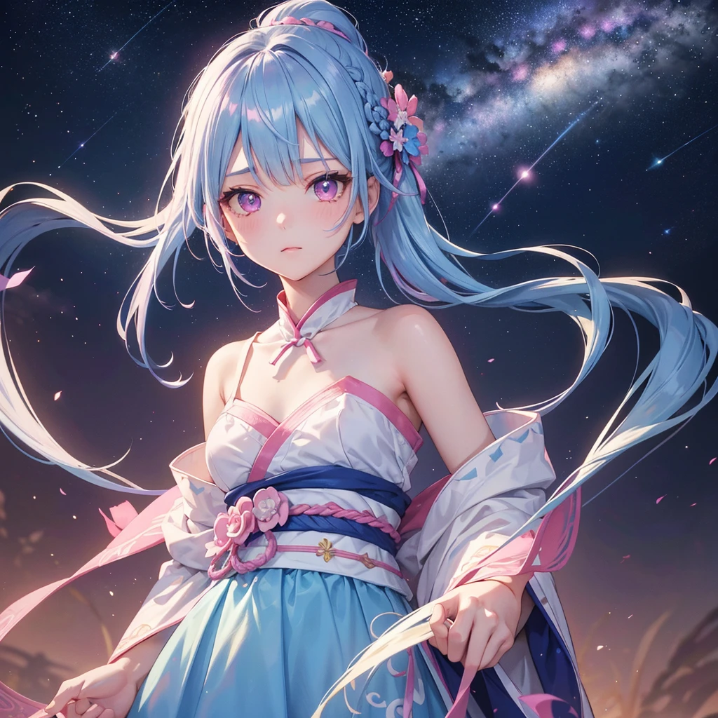 Sky blue hair, Braided Ponytail,(Pink Eyes),Fair skin ,(whole body),(One girl),Hanfu,Tanabata,(The beautiful, sparkling Milky Way in the night sky),Lonely Eyes,Straight bangs,(masterpiece, Highest quality, Very detailed, Best Shadow), (Detailed Background), (Beautifully detailed face), High Contrast, (Best lighting, Very delicate and beautiful), ((Cinematic Light)), colorful, Hyper Detail, Dramatic Light, Intricate details,