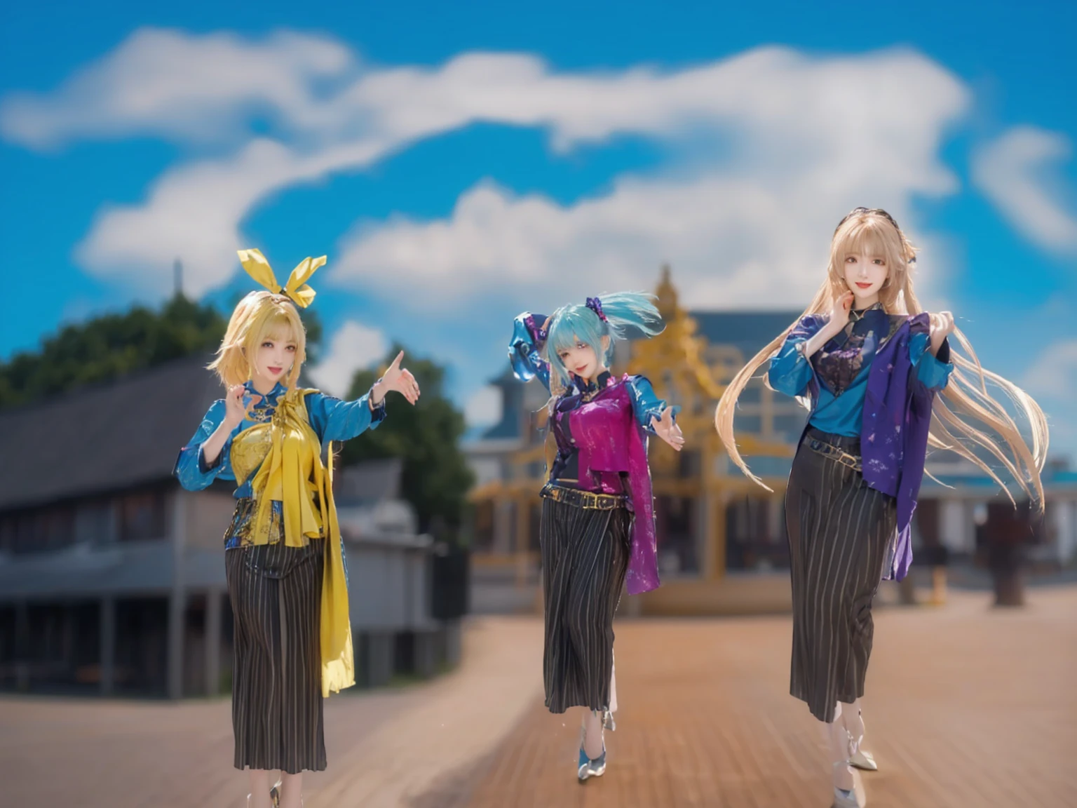 ((Masterpiece)), (best quality), (very detailed), ((very detailed)), 4k, (8k), three of a woman in a blue top and a woman in a purple top, anime styled 3d, vocaloid, anime in fantasy style, anime style mixed with fujifilm, anime style. 8k, girls frontline style, realistic styled, happy!!!, realistic anime 3 d style, dressed with long fluent clothes, anime style, dressed with fluent clothes