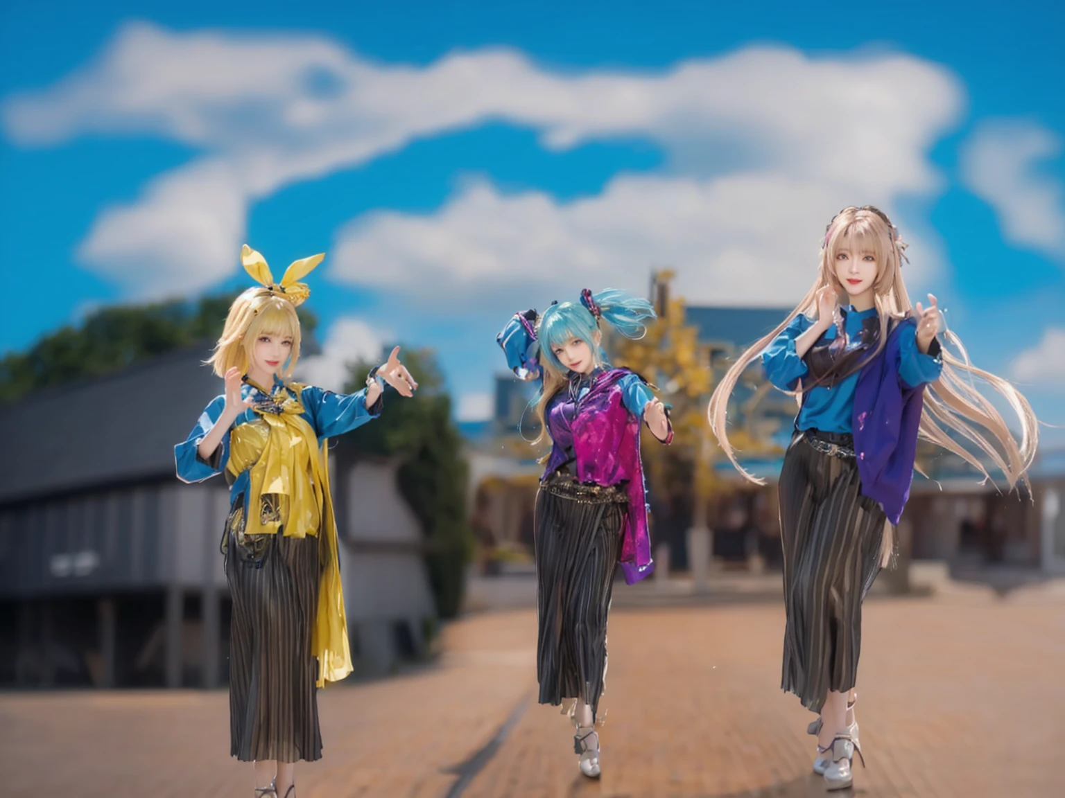 ((Masterpiece)), (best quality), (very detailed), ((very detailed)), 4k, (8k), three  of a woman in a blue top and a woman in a purple top, anime styled 3d, vocaloid, anime in fantasy style, anime style mixed with fujifilm, anime style. 8k, girls frontline style, realistic styled, happy!!!, realistic anime 3 d style, dressed with long fluent clothes, anime style, dressed with fluent clothes