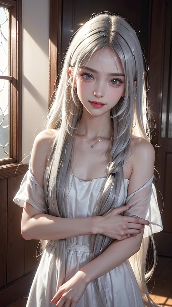 (8k, born, realistic: 1.25), ((striped white hairs)))))), (Thin lip gloss, thin eyebrows, eyelash, tear bag, sharp bangs, shiny face, shiny skin, highest quality, ultra high resolution, Depth of the bounds written, chromatic aberration, caustics, wide lighting, natural shading, K-POPアイドル) Glasses, Calm, Collect a strand of hair with your hand, long hair, smile, Small devil, inside the house