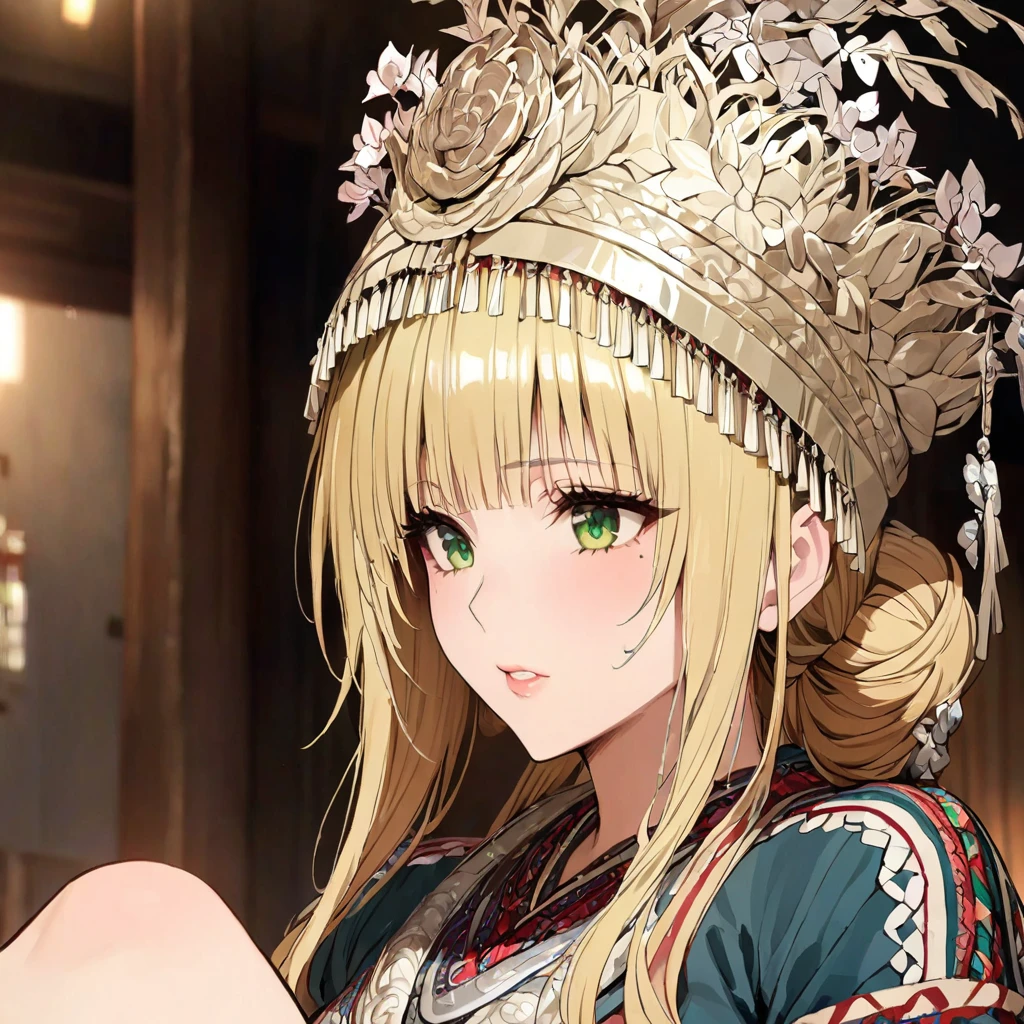 ((Highest quality)), ((masterpiece)), (detailed), (Perfect Face)、The woman is a Tier, with green eyes, medium blonde hair, ethnic medicine and a gorgeous hat.