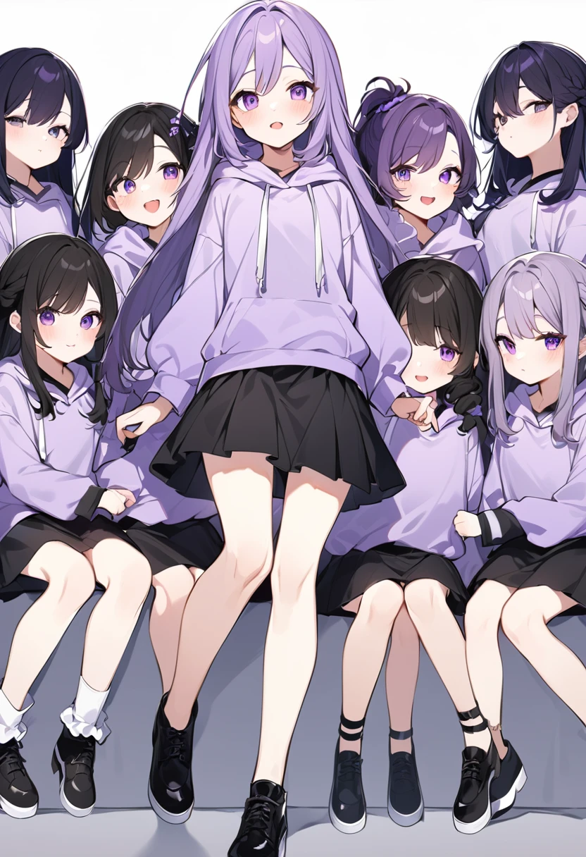 Keito。Purple hoodie。Black Skirt。Purple Eyes。Black Hair。Black shoes下。Black shoes。6 sistery eldest daughter has lavender hair.。all female。Sextuplets