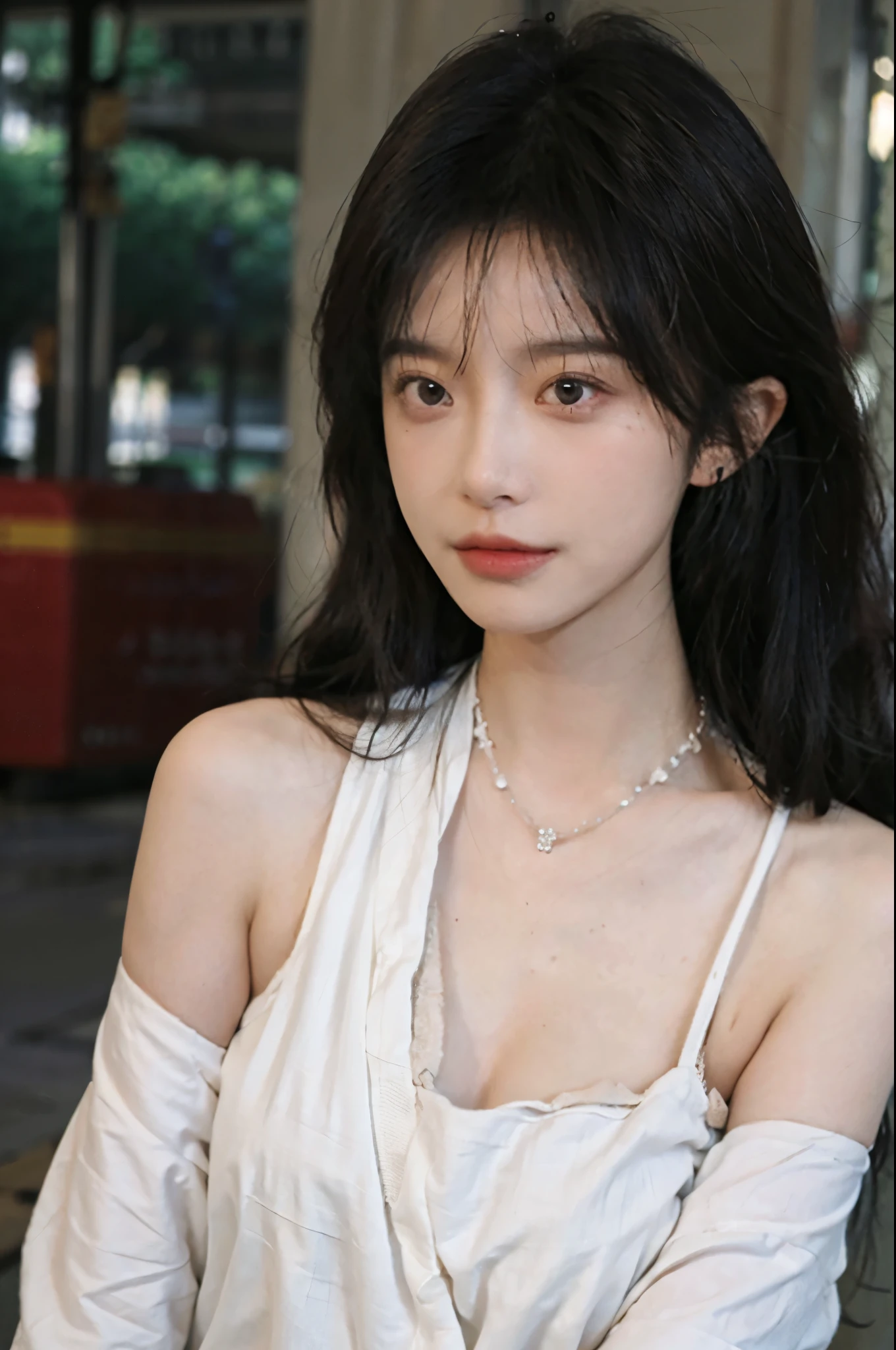 Film portrait photography, 1 girl, bare shoulders,lipstick，（flat chest：1.4）， Shoulder length wavy hair, wear necklace，scarf，earrings，short sleeves，serene, calm, (Realistic and detailed eyes, natural skin texture, Realistic facial details), Soft dramatic lighting, depth of field, Bokeh, big breasts，Areola，split，cleavage，Vibrant details, Detailed and detailed, surreal, 35mm film, hazy, ,