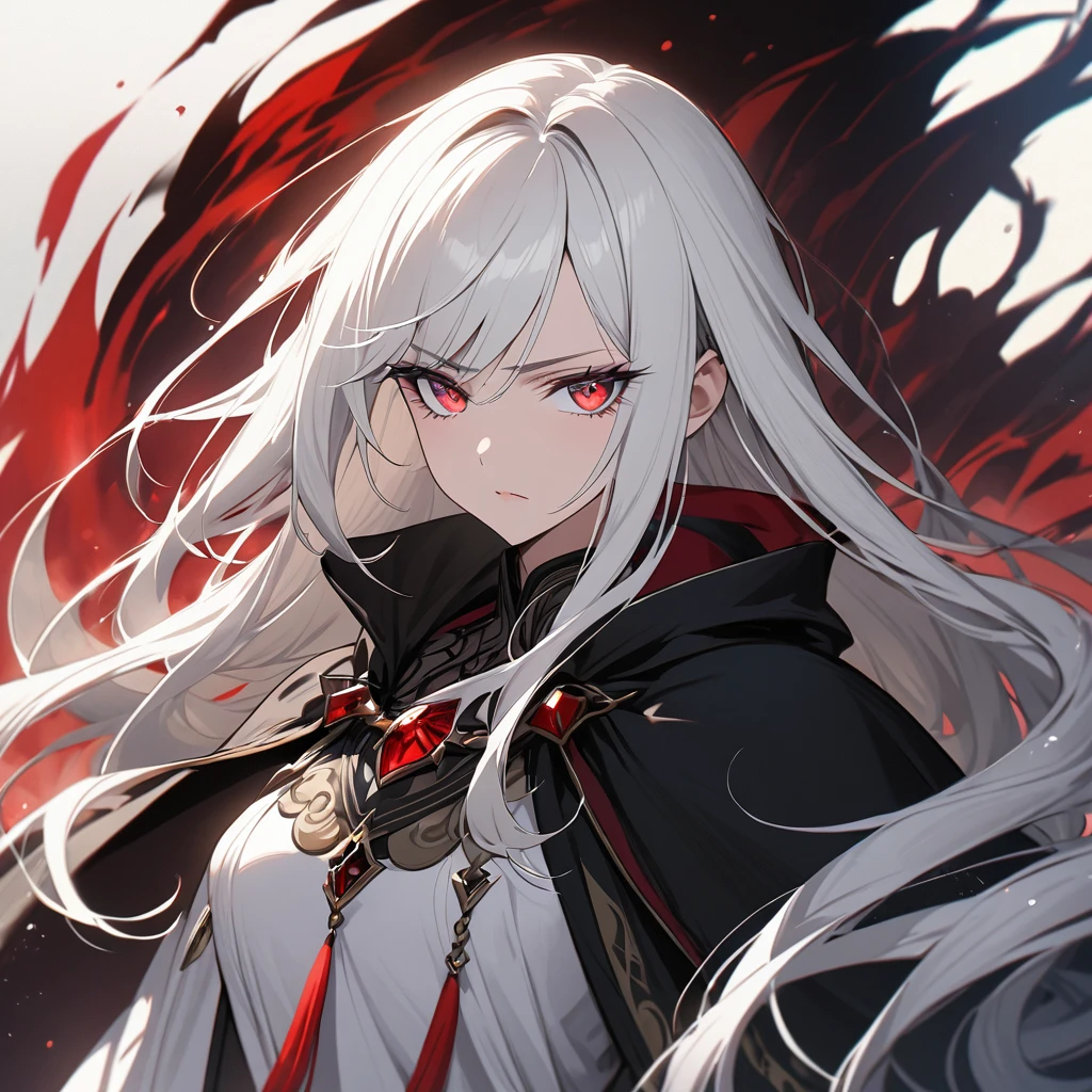 A very gorgeous lady with crimson dull eyes, with a very long white hair and so as her eyelashes with a serious arrogant look, wearing a white dress with a black cloak.