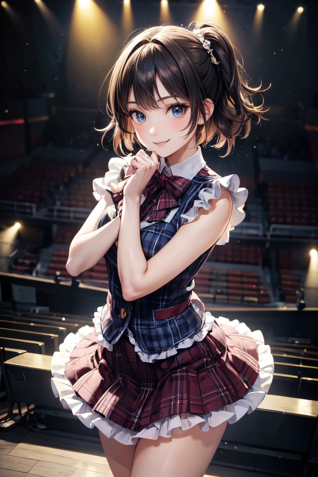 very cute and beautiful girl,(highly detailed beautiful face and eyes),(smile:1.2),happy,
black hair,looking at viewer,dancing,singing,beautiful legs,cowboy shot,
teen idol costume like AKB48,akiba idol with detailed frills,plaid vest,plaid blue mini skirt,
skirt fluttered in wind,live stage,concert hall,spot light,
(best quality,masterpiece),absurdres,highres,ultra-detailed,extremely detailed,32k,8k resolution,
intricate details,cinematic scene,detailed background,solo,dynamic angle,realistic,