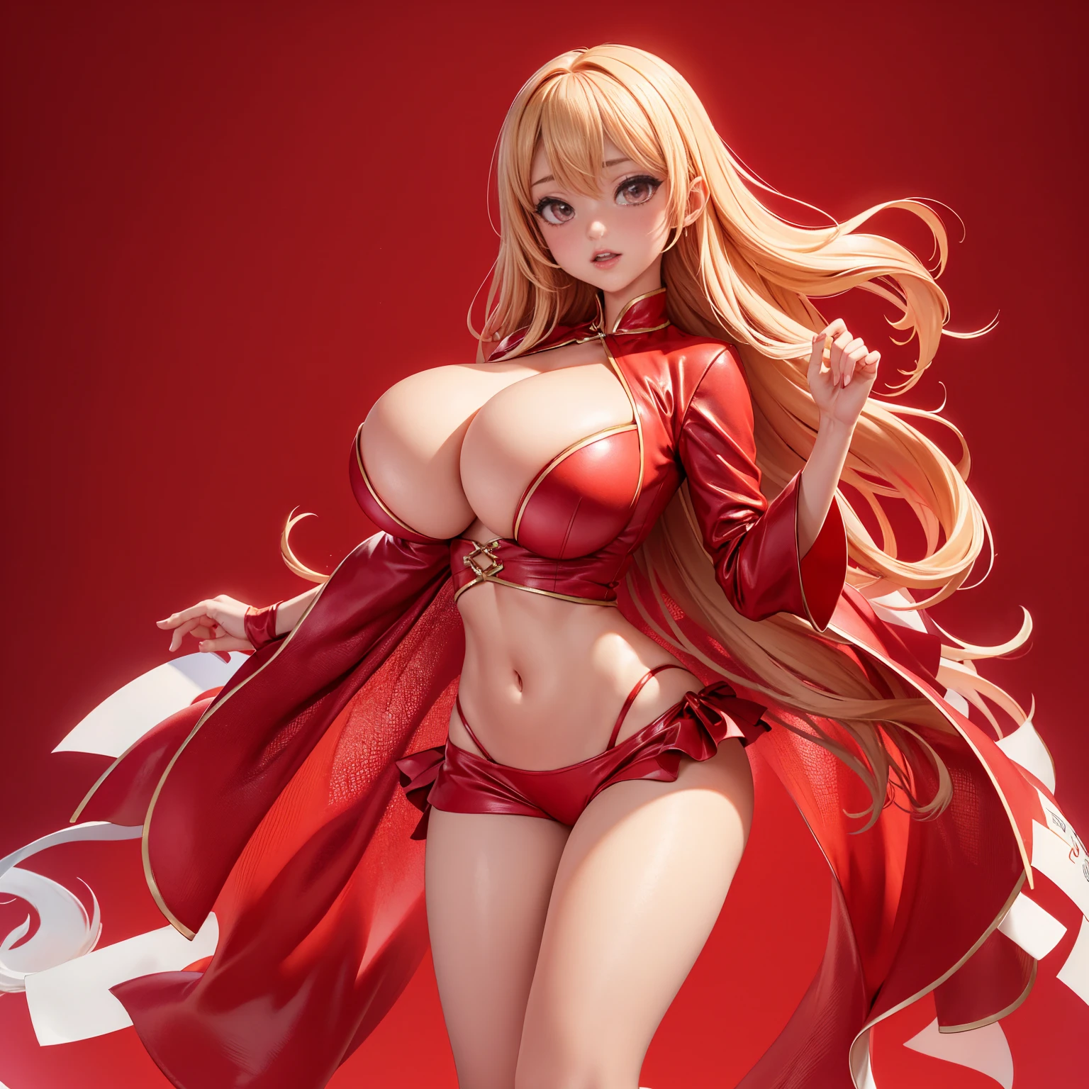 (full_body)、Woman、red_background、(big_breasts:1.5)、Detailed、POP、vivid、pose:1.2、Open chest、idol