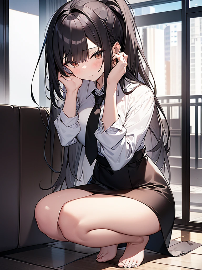 Composition seen from obliquely below:1.3、The young wife is a former student council president、NSFW:1.3、28-year-old female、Blowjob:1.9. Chin Chin:1.3. Indications of Despair:1.3,White Business Shirt:1.3,Flushed cheeks:1.3,humiliation:1.3,Glare、Long black hair, tied in a ponytail:1.3,(Slit eyes、Brown eyes、tall),Kneel、Hotel Rooms、