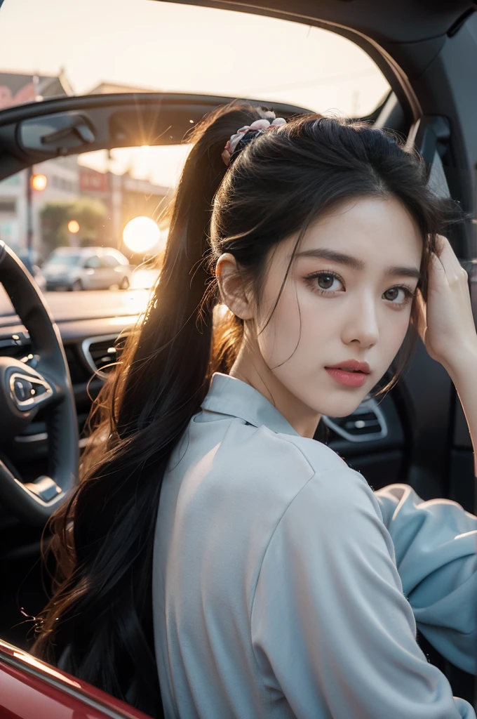 (((best quality))),(((ultra detailed))),(((masterpiece))),illustration,1girl,beautiful,woman,driver,sitting,car,parked,roadside,vibrant,floral,nightgown,graceful,flow,hair,tied,back,loose,ponytail,delicate,features,eyes,focused,road,ahead,calm,concentration,classic,convertible,top,down,evening,breeze,caress,face,seat,adjusted,petite,frame,confident,steering,wheel,delicate,hands,maneuver,control,world,setting,sun,warm,glow,face,illuminate,beauty,sky,canvas,orange,red,hues,match,road,stretch,explore,possibilities,background,town,life,evening,shops,opening,doors,people,strolling,cool,air,atmosphere,peaceful,serene,contrast,chaos,city,,independence,societal,norms,constraints,destiny,embrace,challenges,symbol,strength,resilience,spirit,summer