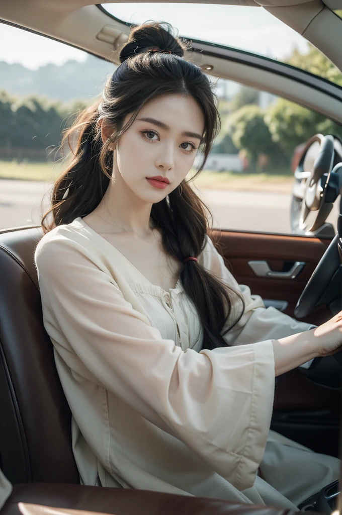 (((best quality))),(((ultra detailed))),(((masterpiece))),illustration,1girl,beautiful,woman,driver,sitting,car,parked,roadside,vibrant,floral,nightgown,graceful,flow,hair,tied,back,loose,ponytail,delicate,features,eyes,focused,road,ahead,calm,concentration,classic,convertible,top,down,evening,breeze,caress,face,seat,adjusted,petite,frame,confident,steering,wheel,delicate,hands,maneuver,control,world,setting,sun,warm,glow,face,illuminate,beauty,sky,canvas,orange,red,hues,match,road,stretch,explore,possibilities,background,town,life,evening,shops,opening,doors,people,strolling,cool,air,atmosphere,peaceful,serene,contrast,chaos,city,,independence,societal,norms,constraints,destiny,embrace,challenges,symbol,strength,resilience,spirit,summer