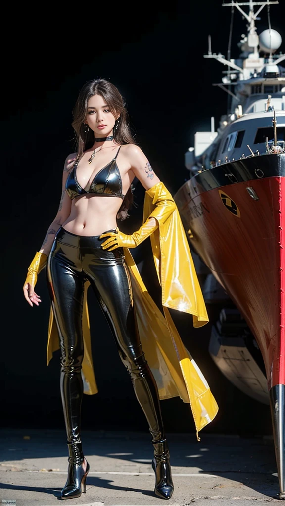 ((masterpiece:1.4)、(Highest quality:1.4)、(Realistic:1.7))、Masterpiece:1.4、(Top-notch rendering:1.4)、(Kaoru, the beautiful navigator of the Space Battleship Fuji:1.4)、Super Beauty航海士Kaoru、(By Luis Royo:1.4)、(A uniform that accentuates your beautiful figure:1.2)、(Futuristic sci-fi battle fashion:1.2)、(Street Style Wear)、(Tight Fit Pants)、(Shiny luxury latex:1.4)、(Luxury yellow latex:1.4)、19 years old、(Cute Tattoos:1.4)、(Wearing yellow gloves)、Cute Girl、Super Beauty、(Seductive pose)、Sharp Focus、Portrait Photography:1.4、8K、Photorealistic images:1.4、(Perfect female body:1.4)、Perfect proportions、(Standing:1.4)、(Upper body shot:1.4)、Beautiful Face、Fearless look、Beautiful Eyes、(A girl with a beautiful body and slender abdominal muscles)、(Narrow waist:1.4)、(9-body proportions beautiful girl:1.4)、(A beautiful girl with long legs and a good figure:1.4)、Beautiful feet:1.4、(Long Hair:1.2)、Heavy makeup、Eyeshadow、Glow Eye、Glow Lip、Beautiful breasts、Large Breasts:1.2、sexy ass、(Standing facing forward:1.4)、Raw photo、Red lips、Yellow high heels:1.4、choker:1.4、necklace:1.4、Earrings:1.4、1 Screen Display:1.4、Space Battleship Fuji&#39;s bridge:1.2