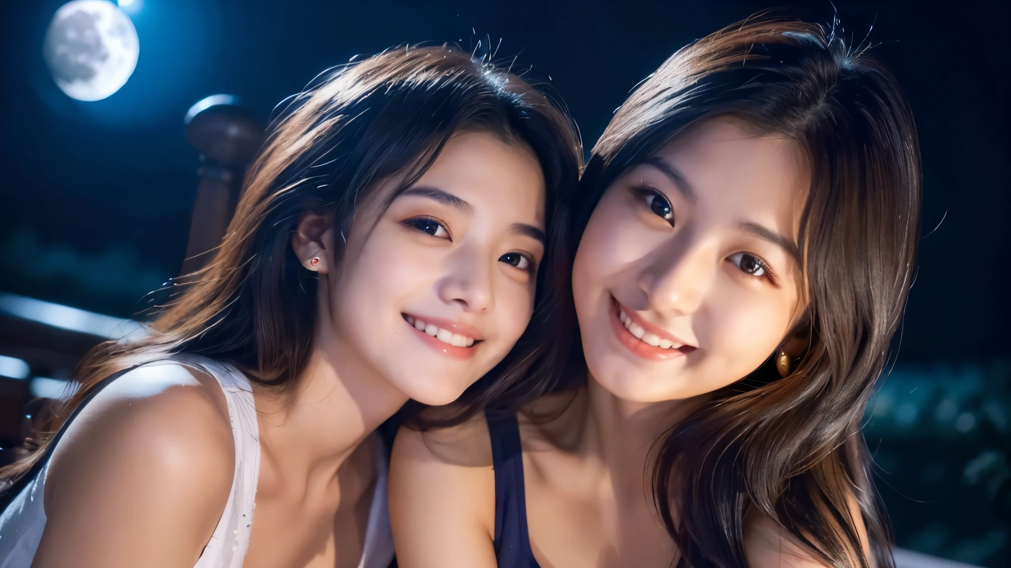 (((A very beautiful full moon night sky)))、((An 18-year-old girl with a very cute face like an idol))、Smiling Kindly、Cleavage、(Cinema lighting)、Artistry、(Facial and body depictions that are indistinguishable from real life)、masterpiece