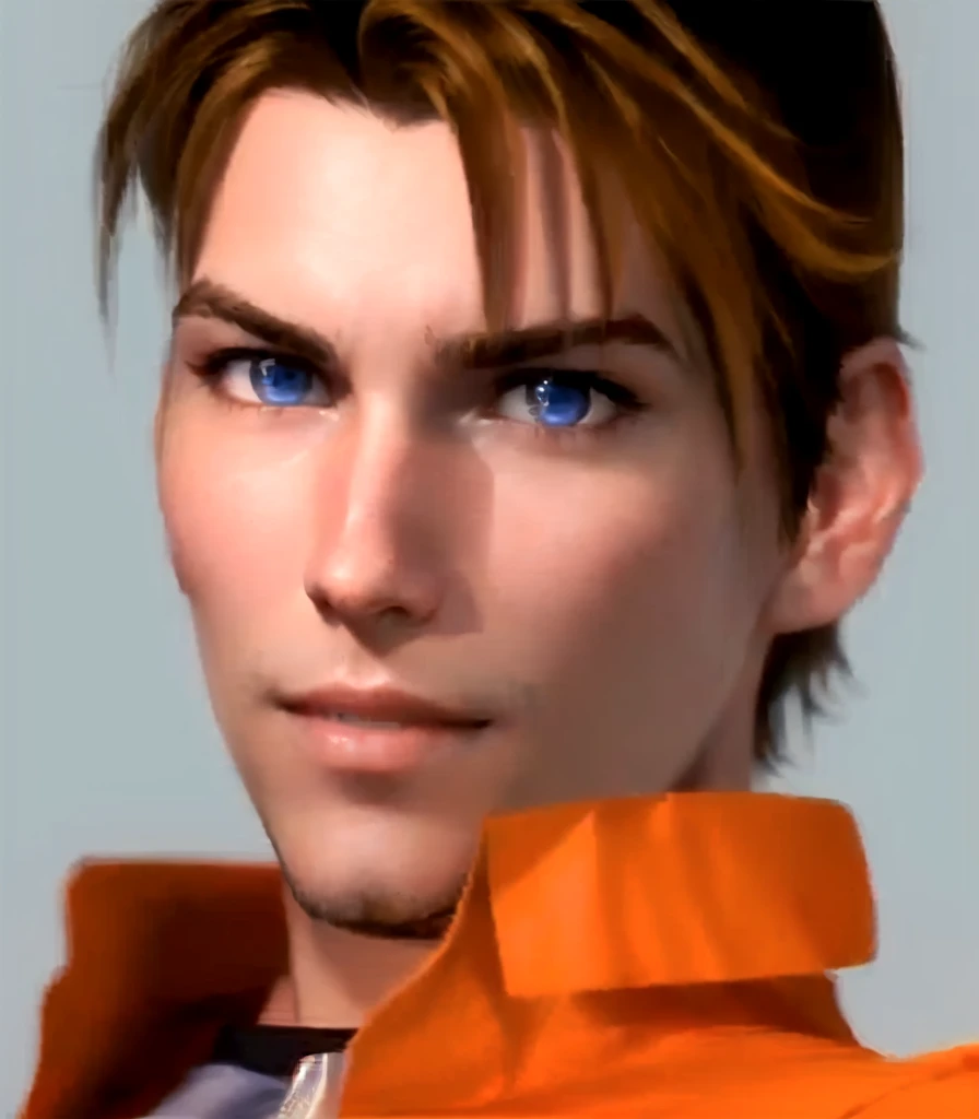 he's Italian, brown hair, deep blue eyes, (eyes turned to look at the camera), italian, as a character in Out Run 2, of SEGA, 3D CG from the 2000s, Alberto, 2k, 2 k, ((curious, happy face)), gray background, realistic, render of april, fighting game character, from tekken, bright clean face, from devil may cry, orange shirt, wide open curious eyes, cool pose
