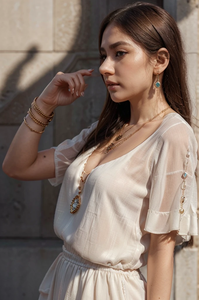 Ano: 2023. location: Madri. Pre-Raphaelite scene with a 32-Ano-old Diane Guerrero, sentada, Quarto luxuoso, ((((Panic attack)))), estressado, altamente tenso, ((((Vestido de noiva anos 2020)))) ((Hairstyle of the 2020s, coque baixo)), ((("OMITIR" cinematografia)))