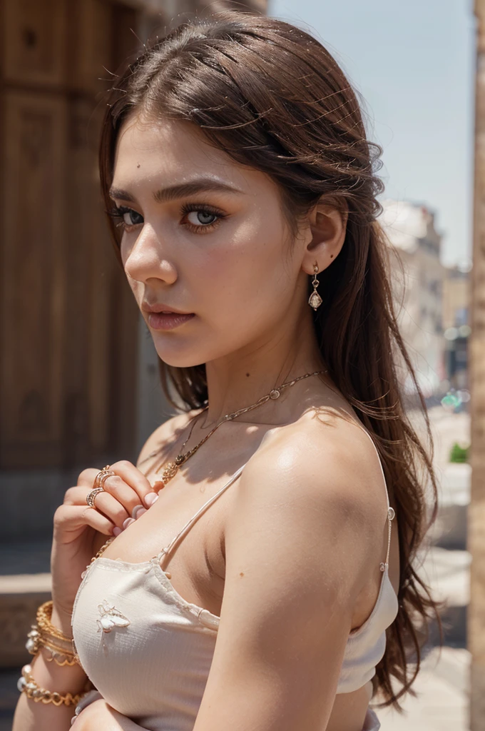 Expensive Detail Necklace, , Detailed Background, Beautiful girl(Luxury Bracelets), (Luxury Rings), (plush necklace), (plush necklace), (4 fingers in 1 hand), white skin, full body image, nice makeup, realistic cg, 8k, sharp eyes, (((from the side))), (SFW), oval face, Looking at Viewer