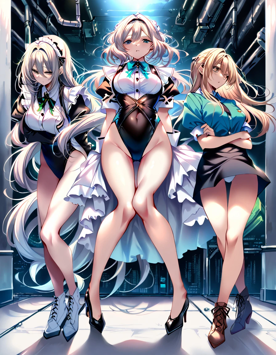 12k,(Perfect Anatomy:1.2, Highest quality),(Maid leotard details:2.0),(3Girls:1.2),,Long Hair:1.5, (Short sleeve, Thighs,Maid Cufflinks),,(High heel lace-up boots:1.4), (Without skirt:3.0),Dark aura,Leotrad,,looking for viewers,(at a research facility:1.2),(full body:1.4),fighting pose,