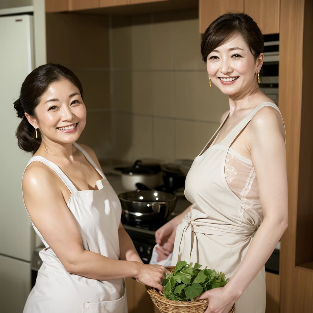 Osaka's aunt、Side angle、Organic Photography、Side bust、Highest quality、masterpiece、Ultra-high resolution、Beautiful Japanese Woman、50 years old、Looking at the audience、Elegant face、Smiling with teeth showing、Naked and wearing a small apron、Large Breasts、Your breasts are too big、ponytail、、Earrings、kitchen, Background Blur