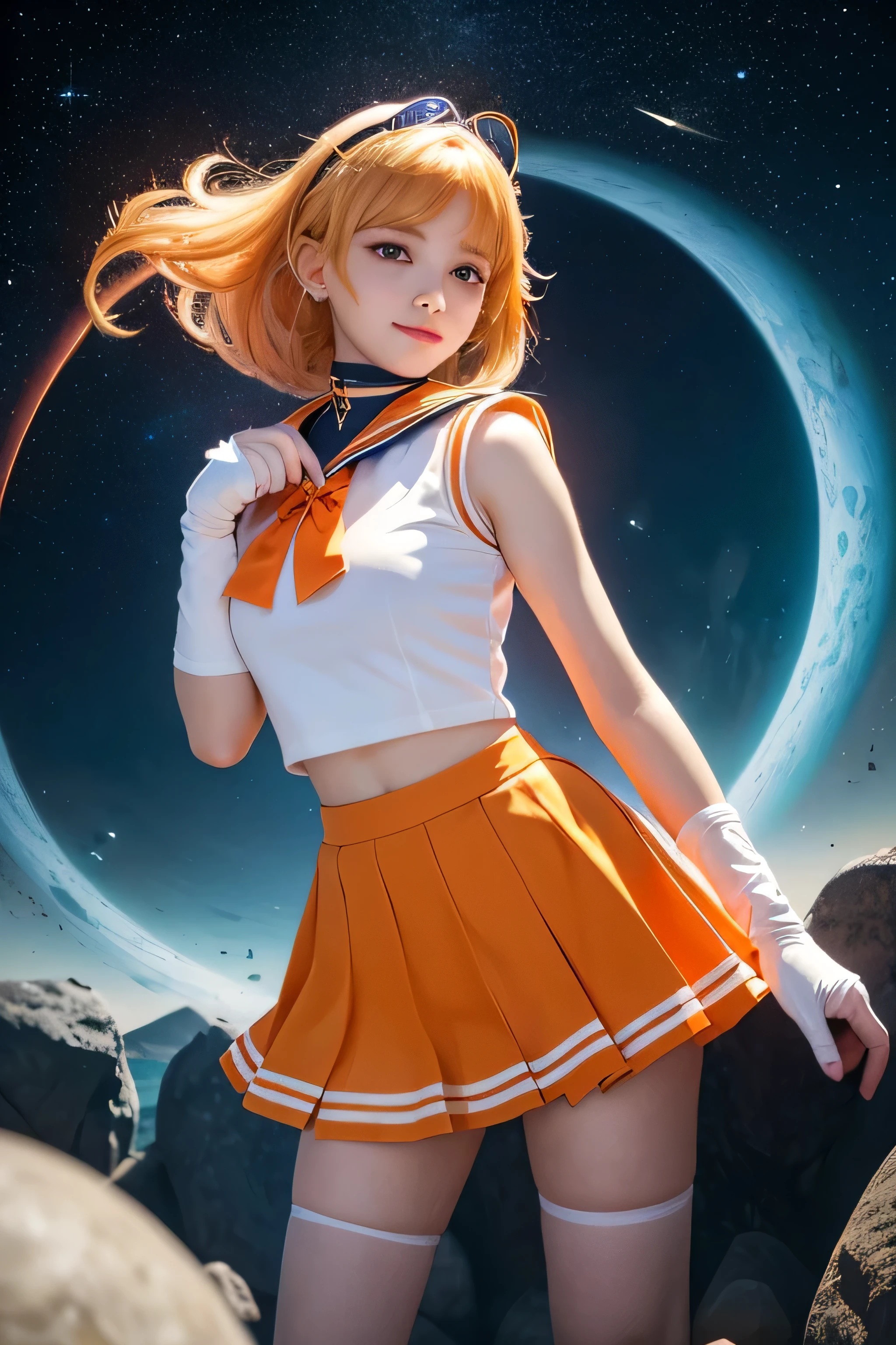 ((sv1 | sailor senshi uniform | orange skirt | elbow gloves | tiara | orange sailor collar | red bow | orange choker | white gloves | jewelry | long hair | yellow hair)), (white silky skin | oily skin | large breasts | perfect hand | perfect arm), (smile | happy512 | good vibes), (cosmic background, shooting star, strong light beam, venus, venus \(planet\), stars, cloud), ((feh | light magic spell | spelling magic on hand | style-swirlmagic)), looking at viewer, cowboy shot, dynamic background and angle, ray tracing, exposure blend, cinematic bloom, deep contrast, sharp focus, detailed landscape, vivid colours, photorealistic, extremely detailed CG unity 8k wallpaper, high-res, beautiful and aesthetic, masterpiece, best quality, fantasy art,
